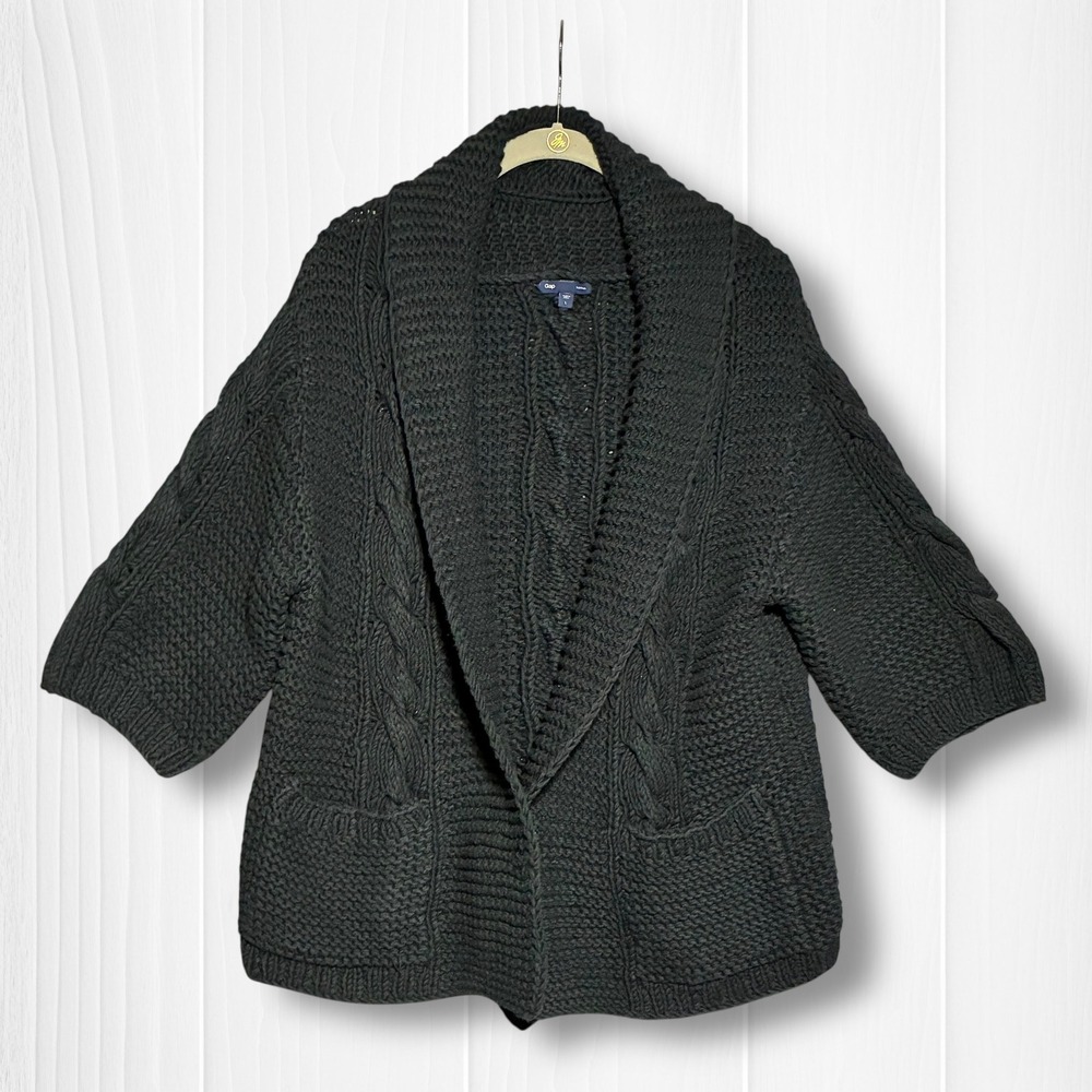 Gap‎ Cotton Blend Hand Knit Shawl Collar Chunky Cardigan Sweater Womens L Black